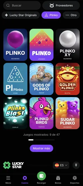 Juegos Plinko de BGaming, Spribe y Evoplay en Lucky Star desde el celular